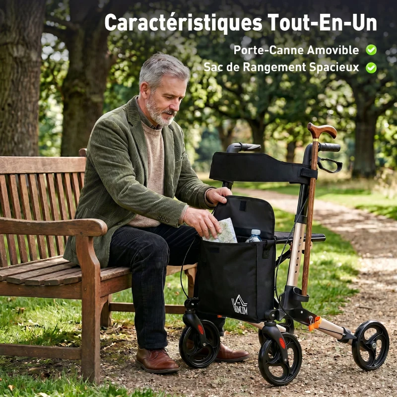 HOMCOM Déambulateur 4 Roues Pliable en Aluminium, Hauteur Réglable 6 Positions, Freins Doubles, Rangement, 64x67x92cm, Doré