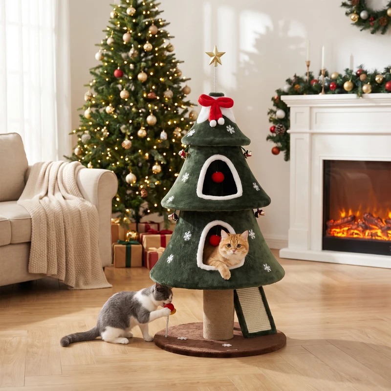 PawHut Árvore Arranhadora Natalina para Gatos, 2 Camas, Escada em Sisal, Postes em Juta e Bolinhas, 60x60x132 cm, Verde
