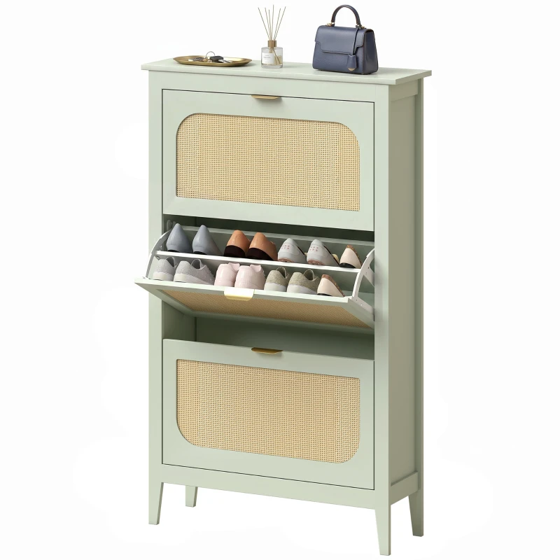 HOMCOM Narrow Shoe Cabinet, Boho Slim Shoe Storage Cabinet with 3 Flip Drawers, Holds 21 Pairs, Light Green