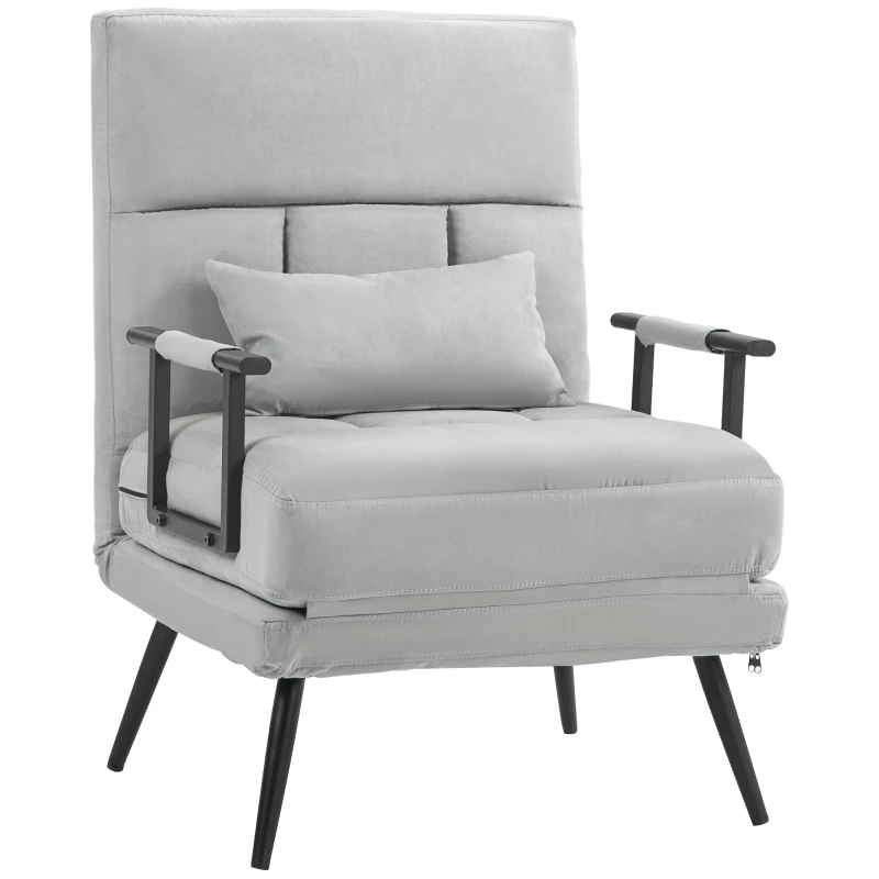 HOMCOM Fauteuil convertible 3 en 1 lit 1 place dossier inclinable 5 positions, accoudoirs et coussin, tissu effet velours, gris