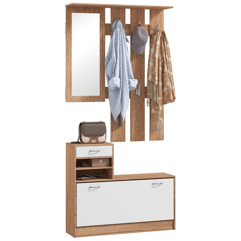 HOMCOM Meuble d'entrée vestiaire avec panneau porte-manteau, miroir et banc à chaussures - 6 crochets et étagère réglable