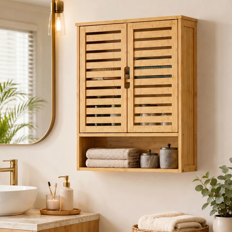 HOMCOM Bathroom Wall Cabinet, Wall Mounted Bathroom Cabinet with 2 Louvered Doors, Open Shelf and Adjustable Shelf Storage