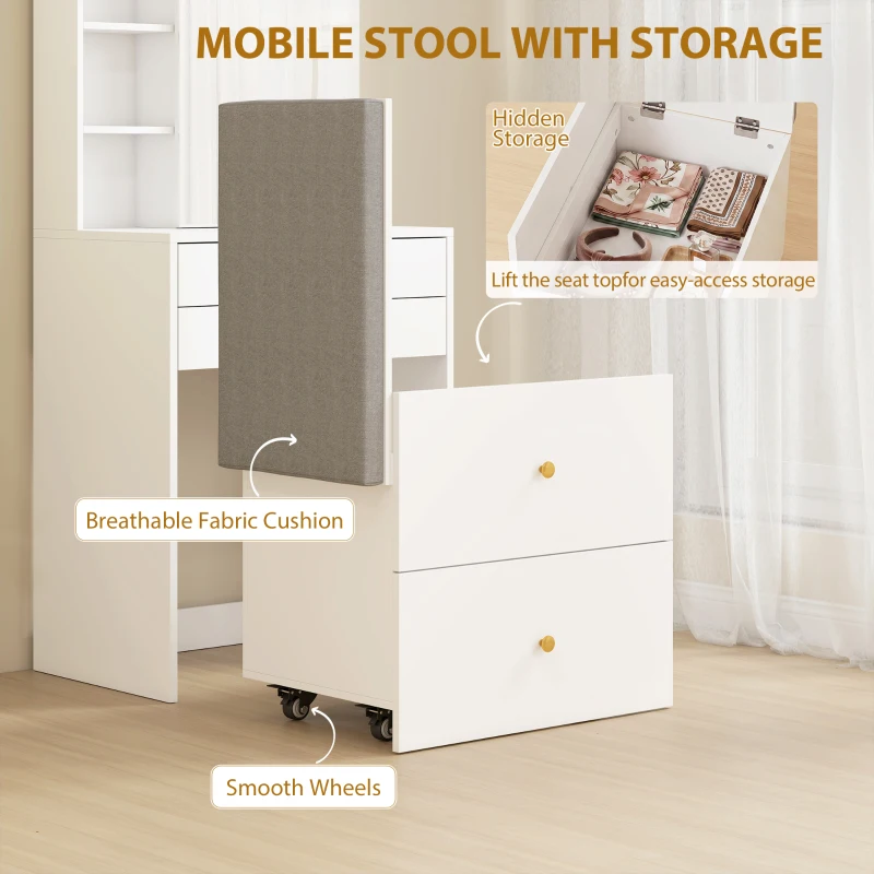HOMCOM Dressing Table with Mirror and Mobile Storage Stool, Compact Vanity Table with Cabinet, Drawers, Open Shelves, White