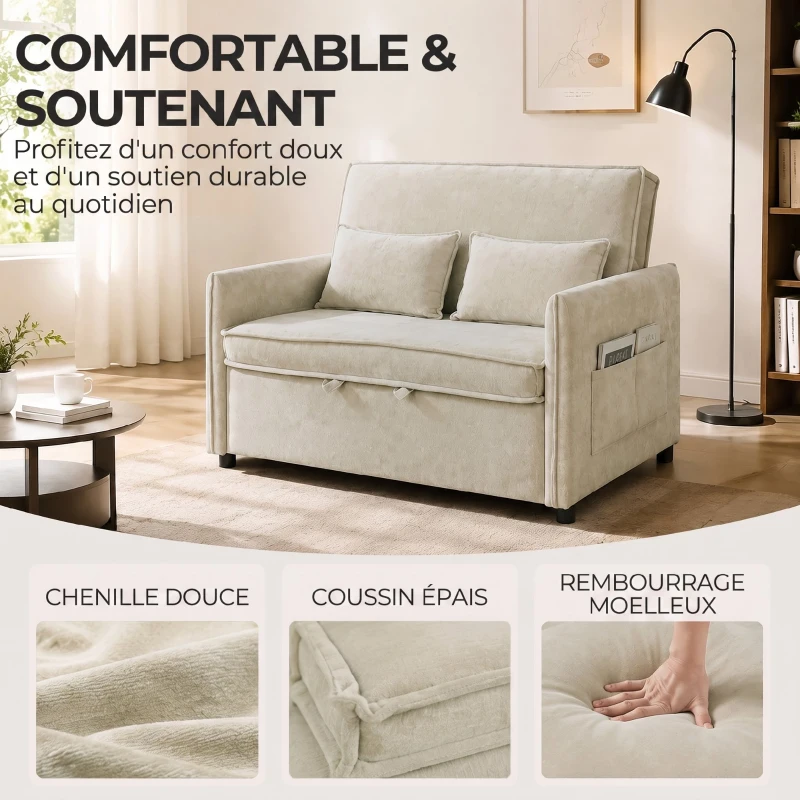 HOMCOM Canapé Convertible 2 Places, Canapé-Lit 3 en 1 Chenille 125 cm avec Dossier Réglable, Assise Large, 2 Oreillers, Crème