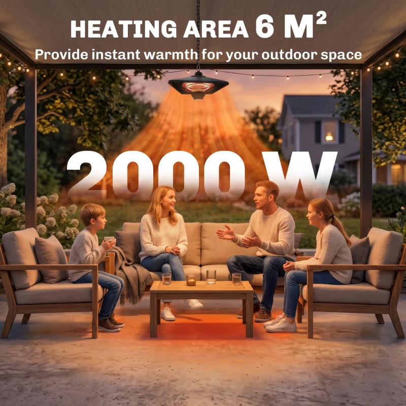 Outsunny Hanging Electric Patio Heater with 2 Power Settings, 1000/2000W Waterproof Ceiling Mounted Aluminium Halogen Infrared Outdoor Heater Warmer with LED Light and Remote Control, Black