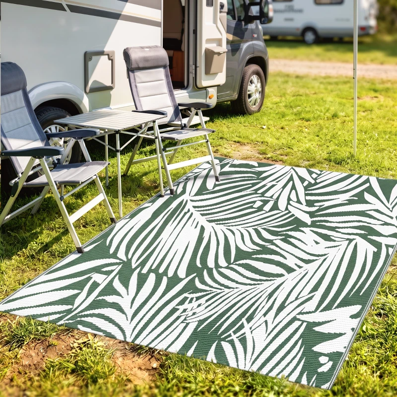 Outsunny Tapis d'extérieur réversible motif feuilles vertes tropical - polypropylène haute densité 310 g/m² dim. 152L x 243l cm