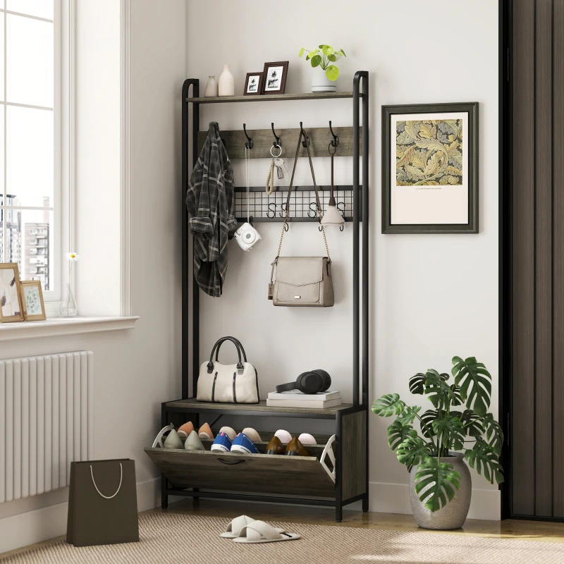 HOMCOM Schuhgarderobe 5-in-1 mit Sitzbank, Gitterpaneel, Schrank, 10 Haken, oberes Ablagebrett und Stahlrahmen, Grau