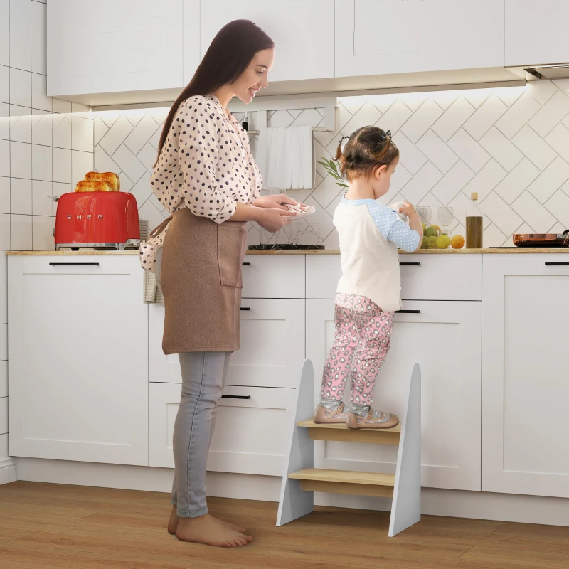 AIYAPLAY Marche pied enfant marchepied enfants 2 marches pour enfants 3 à 8 ans en bois charge max. 20 kg blanc