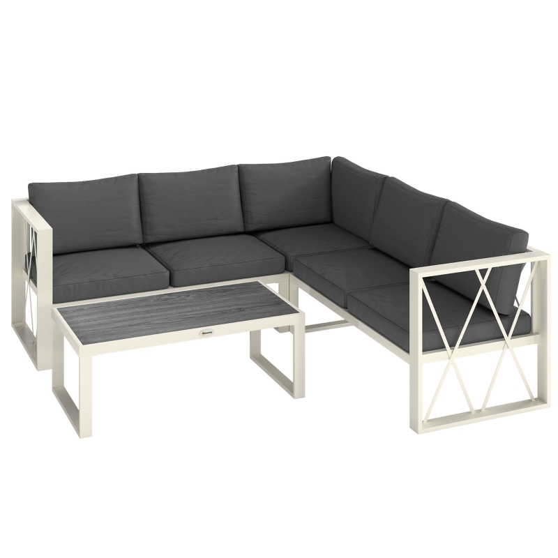 Outsunny Salotto da Giardino Angolare con Poltrona Reclinabile, 2 Divanetti con Cuscini e Tavolino, Grigio