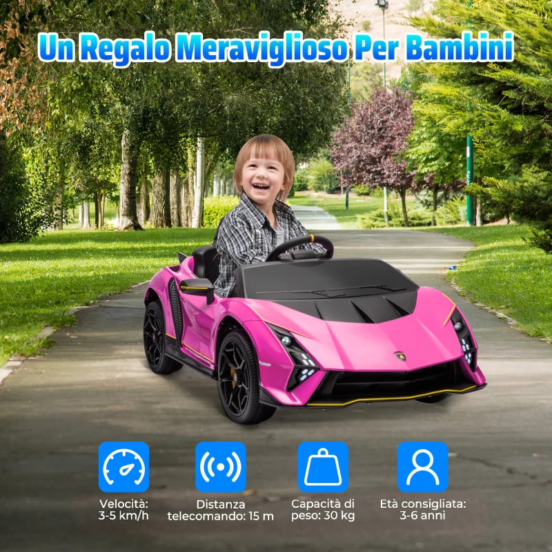 AIYAPLAY Macchina Elettrica Bambini 3-6 Anni 12V Lamborghini Autentica con 2 Motori, Porta a Forbice, Sospensioni, Rosa