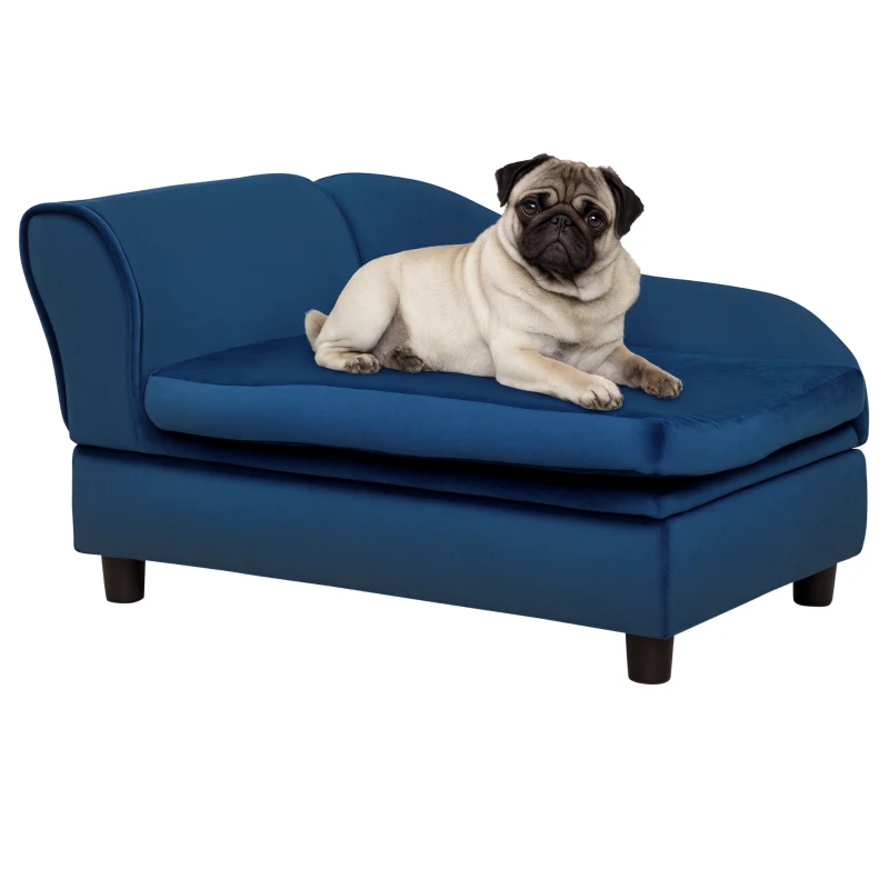 PawHut Sofa dla zwierząt ze schowkiem, miękką poduszką, nośność do 15 kg, pluszowe obicie, rama z twardego drewna, Niebieski