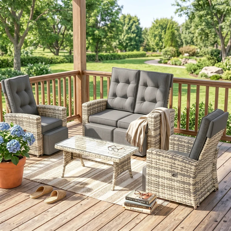 Outsunny 4 Piece Rattan Garden Furniture Set Outdoor Sofa Sectional Set with Glass Top Table for Poolside, Light Grey