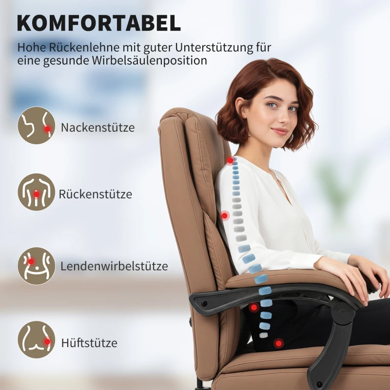 HOMCOM Bürostuhl mit Katzenpfotenleder-Bezug, Fußstütze, höhenverstellbar, rollbar, Braun