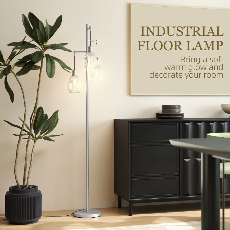 HOMCOM 3-Light Floor Lamp, 170cm Industrial Dimmable Standing Lamp with Steel Wire Cage Lampshades for Living Room, Bedroom, Dining Room, Study, Bulb Not Included, Silver Tone