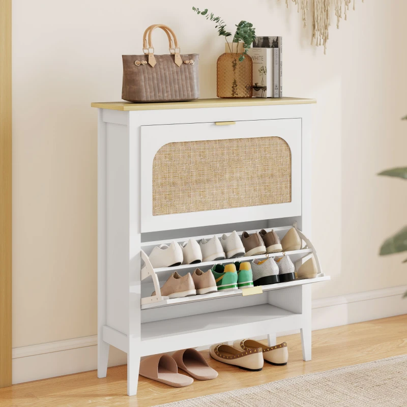 HOMCOM Narrow Shoe Cabinet, Boho Slim Shoe Storage Cabinet with 2 Flip Drawers, Holds 14 Pairs, White