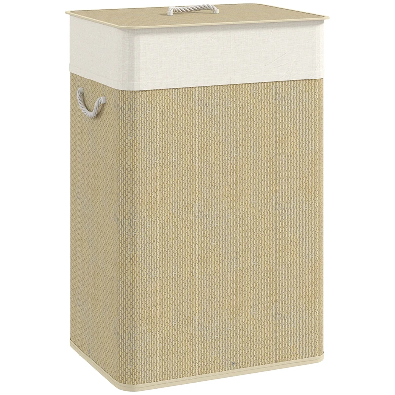 HOMCOM Panier à linge en bambou avec couvercle 72 L Collecteur à linge avec poignées en bambou, sac à linge amovible naturel