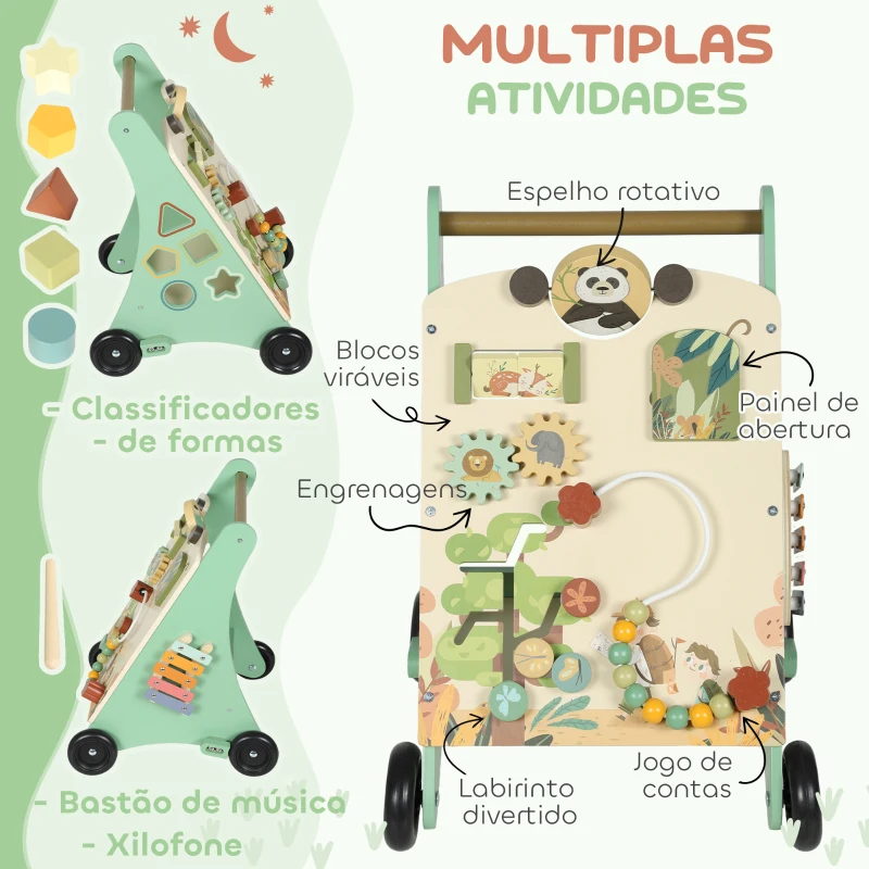 AIYAPLAY Andador de Madeira para Bebé Centro de Atividades de Aprendizagem Montessori com Controlo de Velocidade com Xilofone 33,5x36x46,8 cm Verde