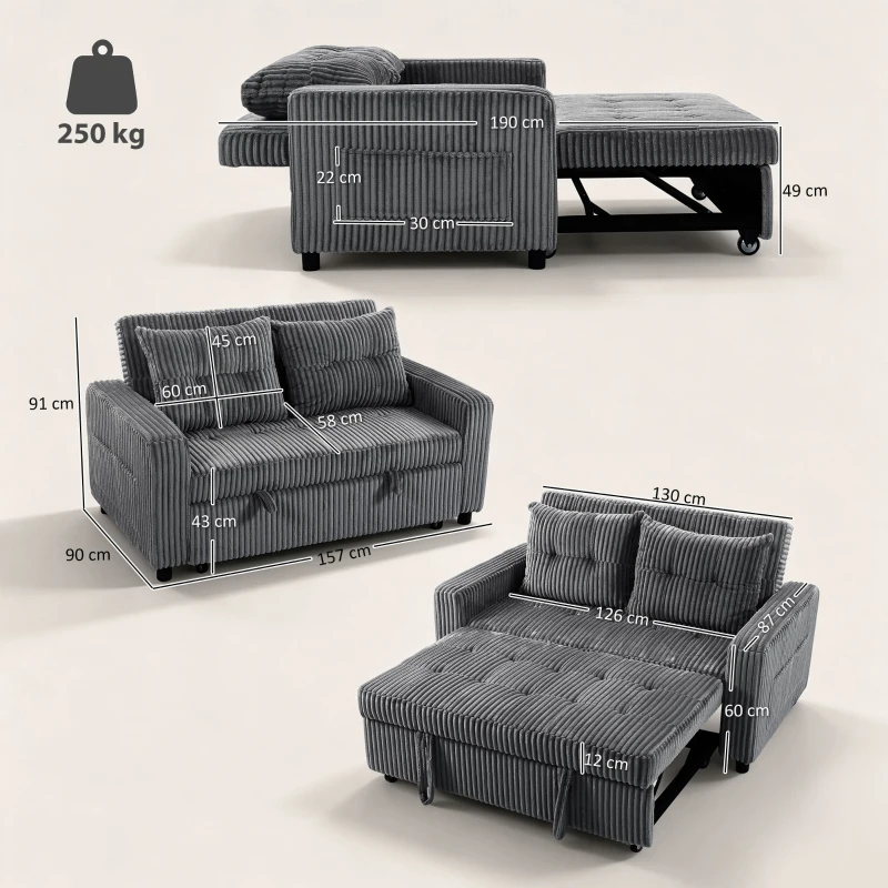 HOMCOM 2-Sitzer Sofabett, Cordbezug, zum Schlafsofa umwandelbar, 2 Kissen, Seitentaschen, 157 x 190 cm, Dunkelgrau