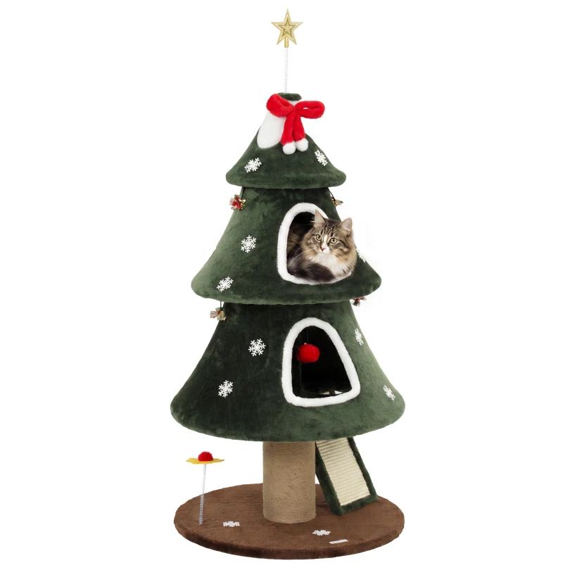 PawHut Weihnachts-Kratzbaum für Katzen, 2 Höhlen, Sisal-Leiter, Jute-Pfosten und Bällchen, 60x60x132 cm, Grün