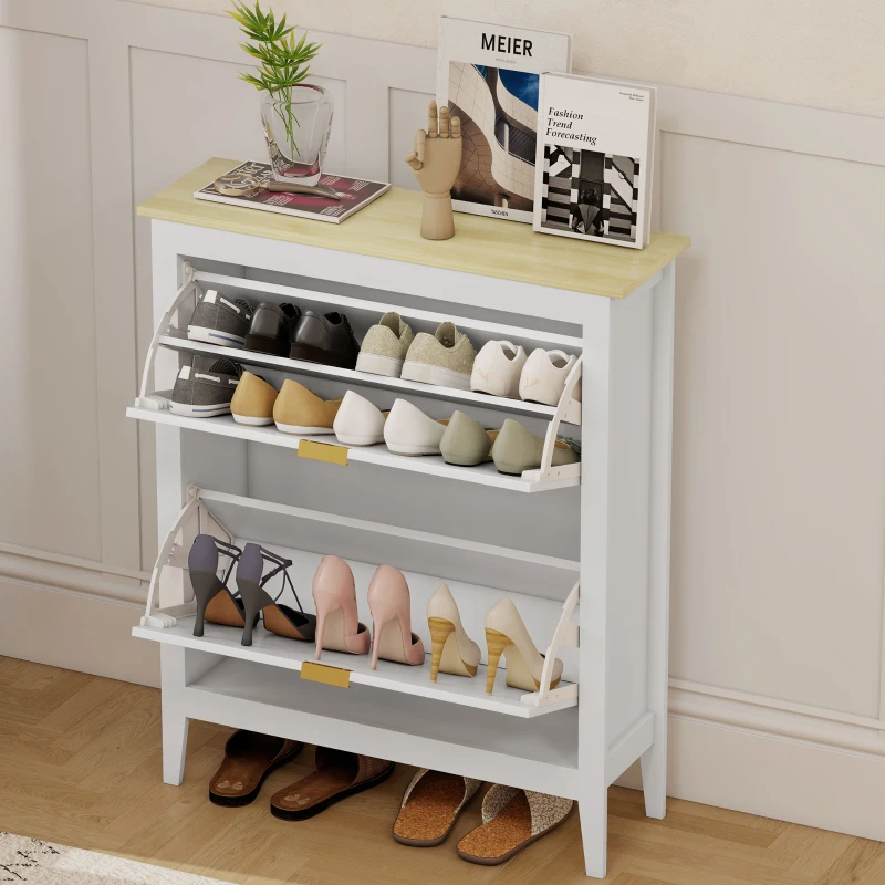 HOMCOM Narrow Shoe Cabinet, Boho Slim Shoe Storage Cabinet with 2 Flip Drawers, Holds 14 Pairs, White