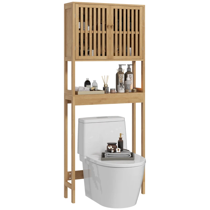 HOMCOM Etajeră pentru toaletă mobilier de baie pentru deasupra toaletei WC cu dulap 2 uși și etajeră deschisă bambus