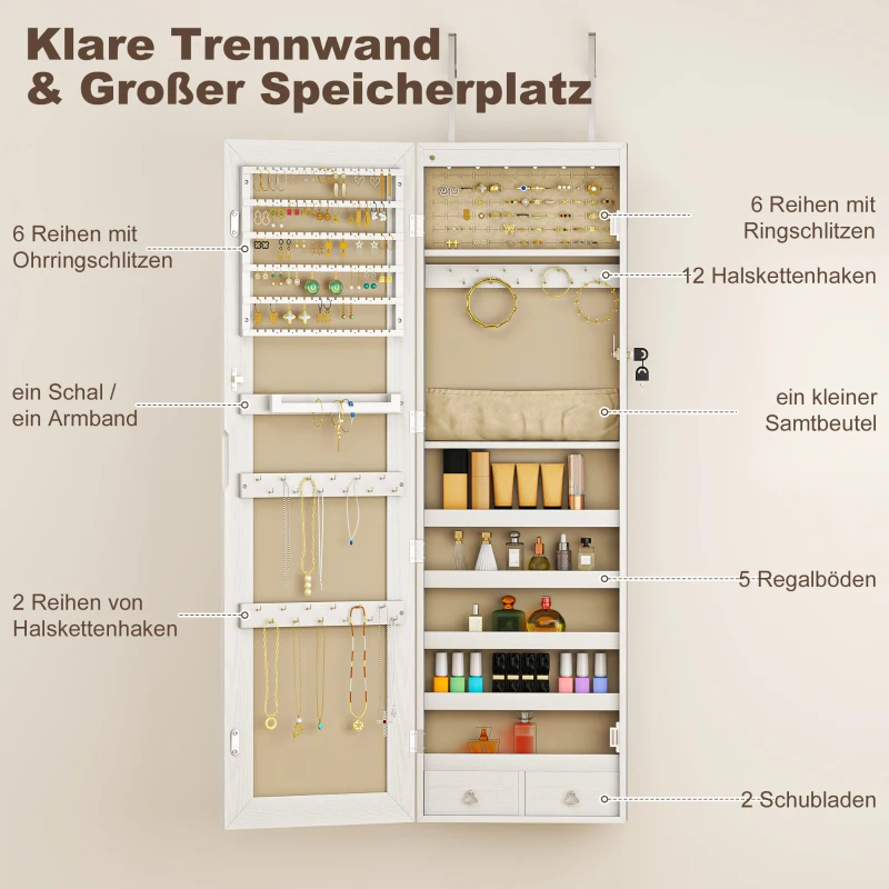 HOMCOM Schmuckschrank mit LED Spiegelschrank Wandschrank Wand-/Türmontage MDF