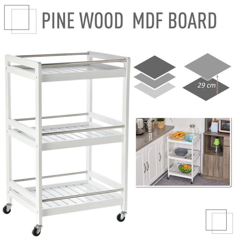 HOMCOM 3-Tier Home Trolley Kitchen Storage Cart w/ Steel Bars 4 Universal Wheels Rolling Unit Organiser Living Room White