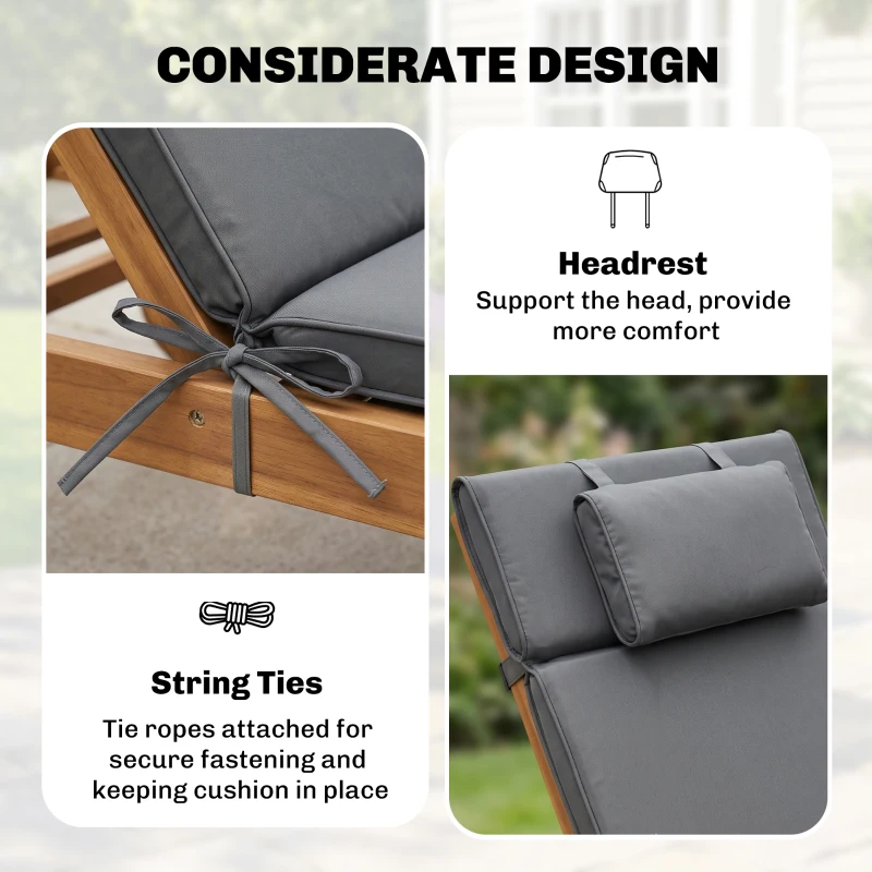 Outsunny Garden Sun Lounger Cushion Replacement Soft Sunbed Reclining Chair Relaxer Pad with Pillow, Cushion ONLY - Grey