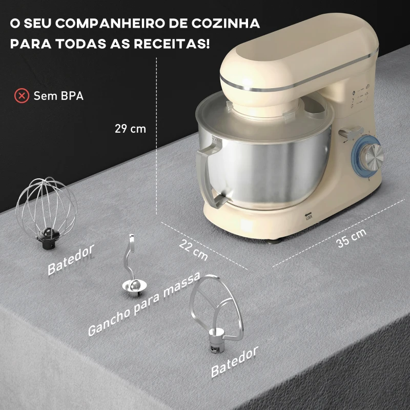 HOMCOM Batedeira Planetária 4,5L 1300W 6 Velocidades Taça de Aço Inoxidável Batedor Gancho Varas Bege