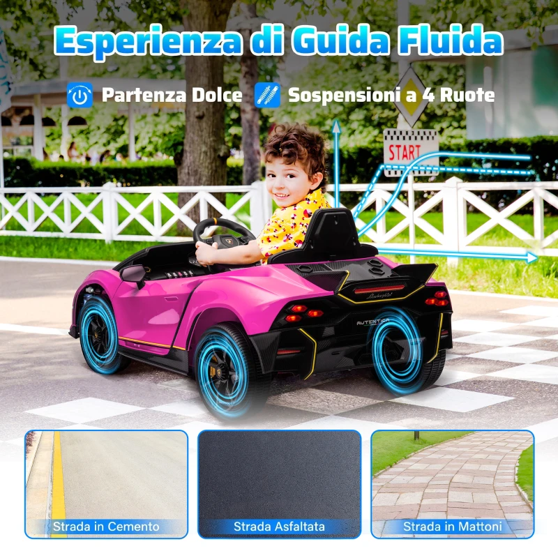 AIYAPLAY Macchina Elettrica Bambini 3-6 Anni 12V Lamborghini Autentica con 2 Motori, Porta a Forbice, Sospensioni, Rosa