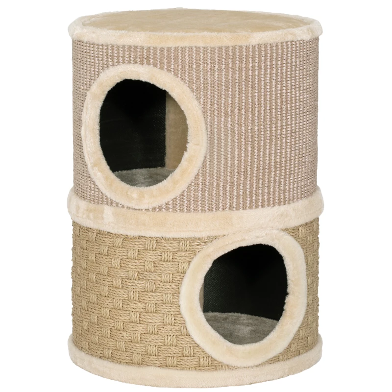 PawHut Cuccia per Gatti Tiragraffi a Torre con 2 Nicchie, Corda in Sisal e Alga Marina, Bordo Peluche, Cachi