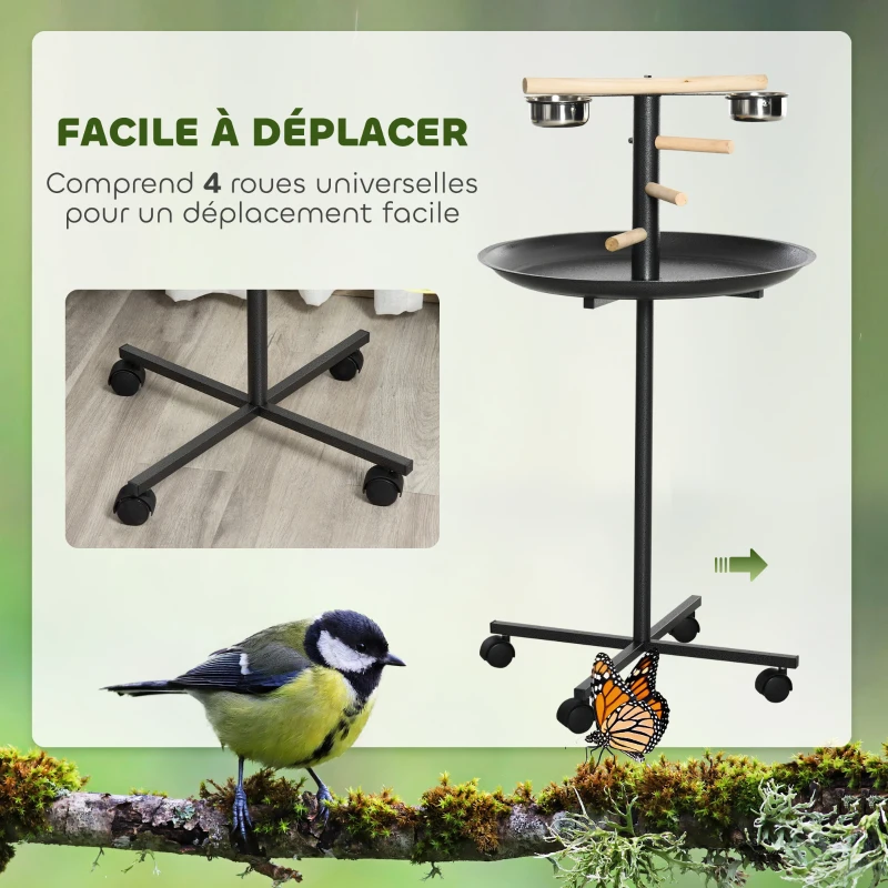 PawHut Perchoir perroquet mangeoire à oiseaux sur pied 4 roulettes, 2 mangeoires en acier inoxydable, Ø 60 x 111 cm, gris