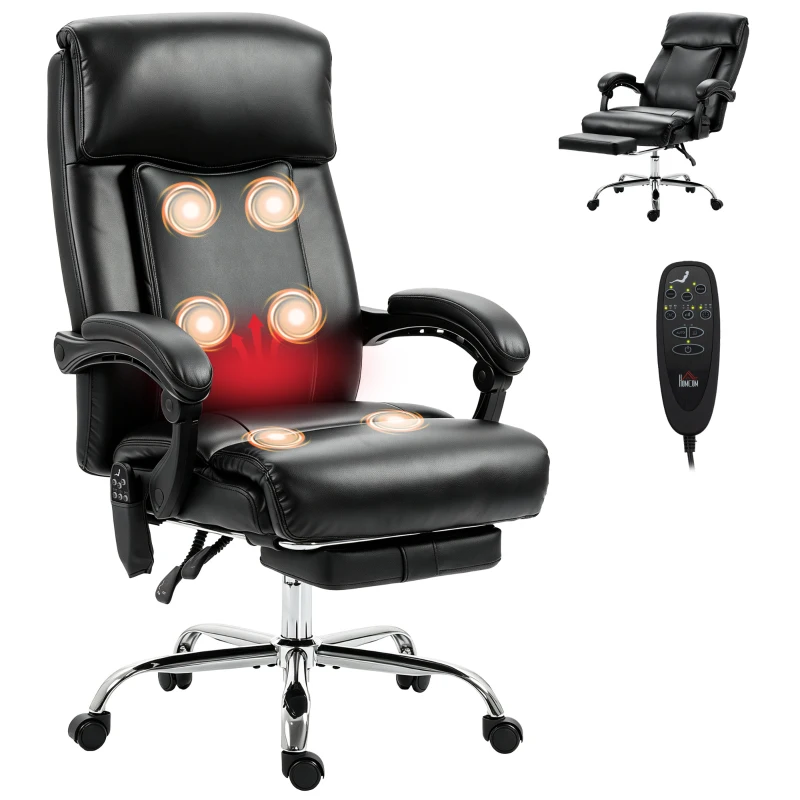 HOMCOM Scaun de birou cu masaj vibrant și încălzire, scaun ergonomic din PU cu înălțime reglabilă, Negru