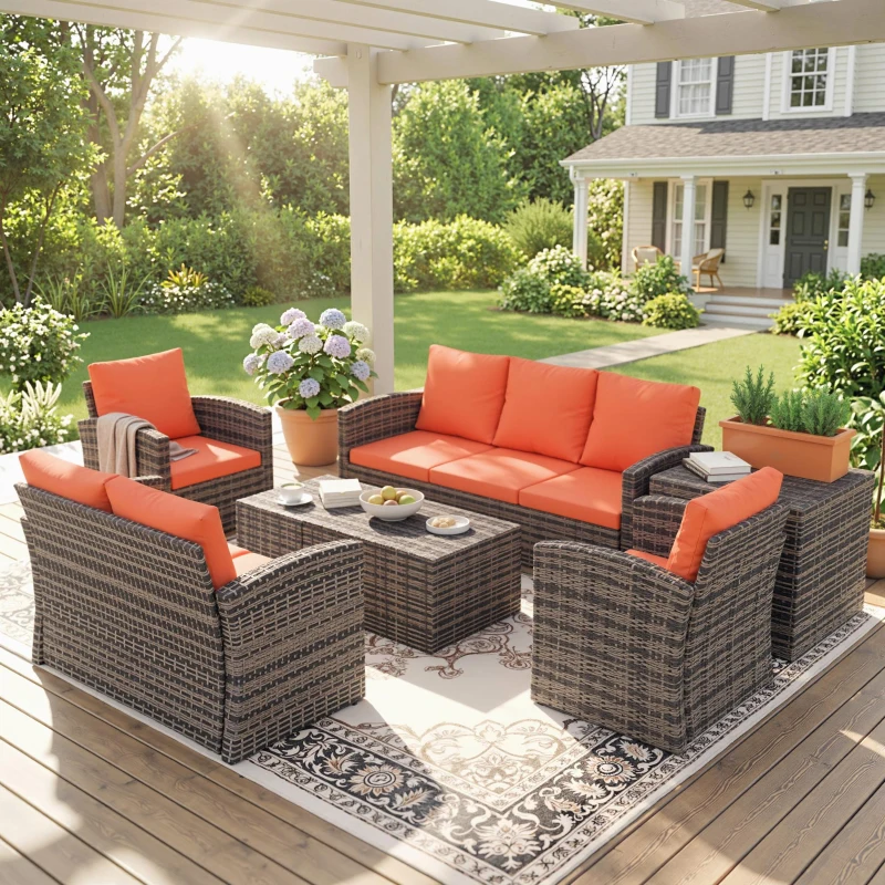 Outsunny 6 Pieces Rattan Garden Furniture Set, 7 Seater Wicker Outdoor Furniture Set with Storage Tea Table & Side Table, Sectional Garden Sofa Set with Cushions, Orange