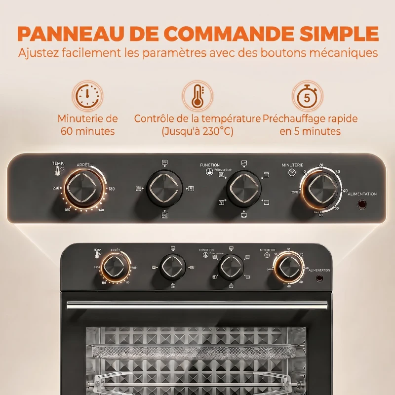 HOMCOM Friteuse à Air Chaud 36L, Four à Air Chaud 1800 W avec Rôtissoire, Plaque de Cuisson, Panier de Friture et Grille, Noir