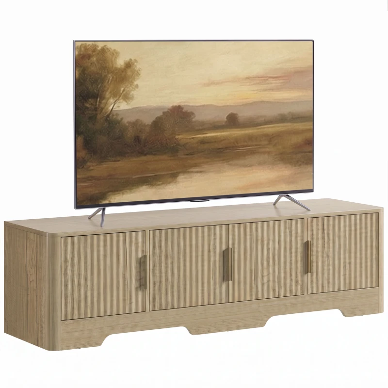 HOMCOM TV-Lowboard 152 cm, TV-Möbel für Fernseher bis 152,4 cm, 4 gerillte Türen und verstellbare Einlegeböden, Eiche
