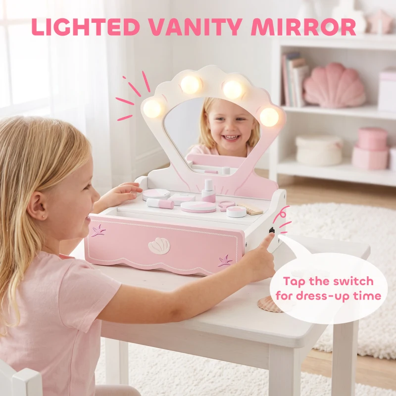 AIYAPLAY Kids Vanity Table, Portable Girls Dressing Table with Lights, Mirror, Drawer, Accessories, Gift for Girls 3-6 Years