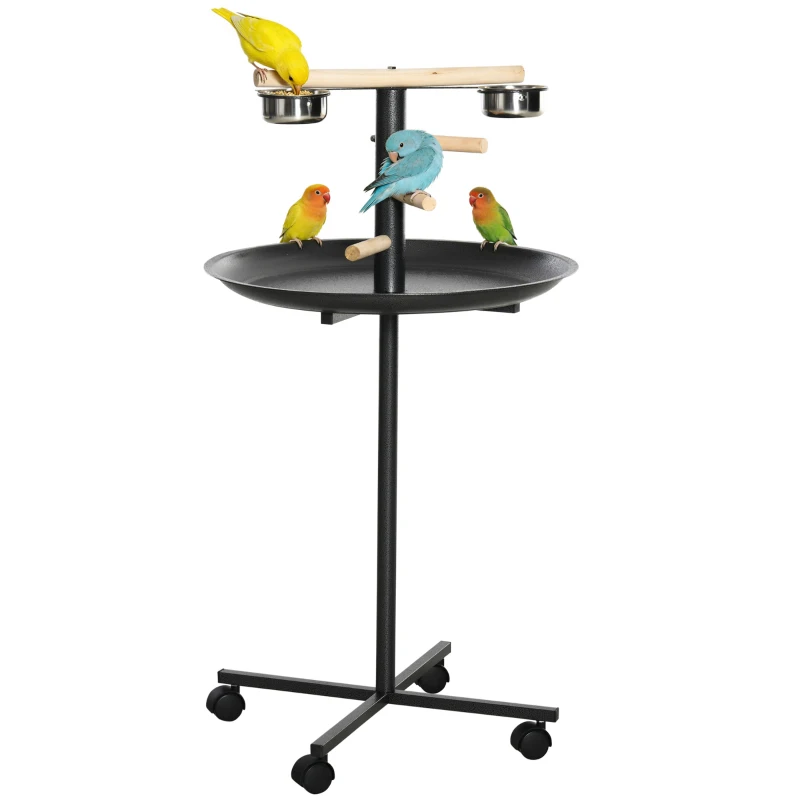 PawHut Perchoir perroquet mangeoire à oiseaux sur pied 4 roulettes, 2 mangeoires en acier inoxydable, Ø 60 x 111 cm, gris