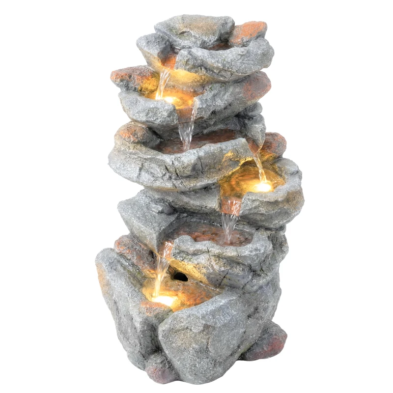 Outsunny Fontaine de Jardin Cascade 6 Niveaux Décoration de Jardin Zen Résine Pierre Naturelle 33 x 27 x 53 cm Gris