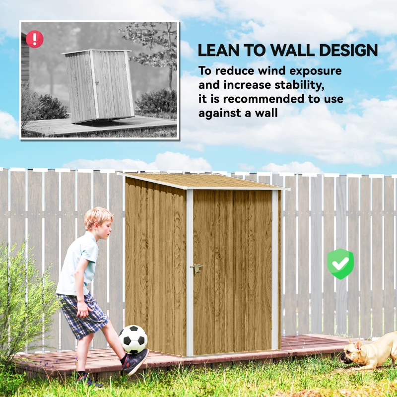 Outsunny 3.3 x 3.4ft Lean To Steel Garden Shed with Locking Door - Light Brown Wood Effect/White