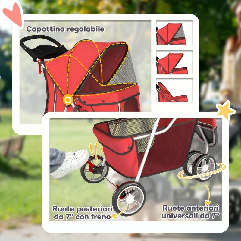 PawHut Passeggino per Cani Piccoli Pieghevole con Portabicchieri e Cestino Portaoggetti, Rosso
