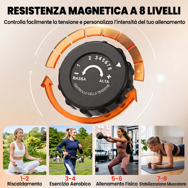 HOMCOM Cyclette Pieghevole 2 in 1, Resistenza Magnetica Regolabile 8 Livelli, Cyclette da Casa Silenziosa con Sensore Cardiaco, Sedile Regolabile, Bande Elastici, Schermo LCD, Ruote, Rosso