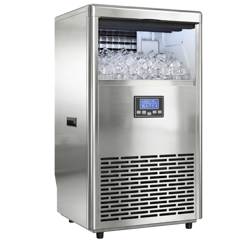 HOMCOM Gewerblicher Eiswürfelbereiter 45 kg/24 Std., Edelstahl, mit 13 kg Speicher, Selbstreinigung, Silber