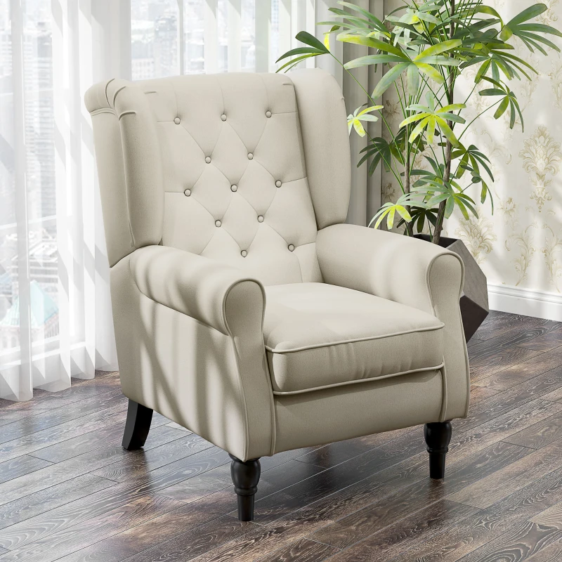 HOMCOM Wingback Accent Chair, Retro Upholstered Button Tufted Occasional Chair for Living Room and Bedroom, Cream White