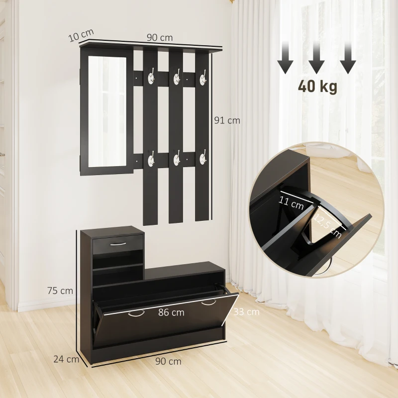 HOMCOM Ensembles 3 en 1 de meuble d'entrée vestiaire avec panneau porte-manteau, miroir et banc à chaussures noir