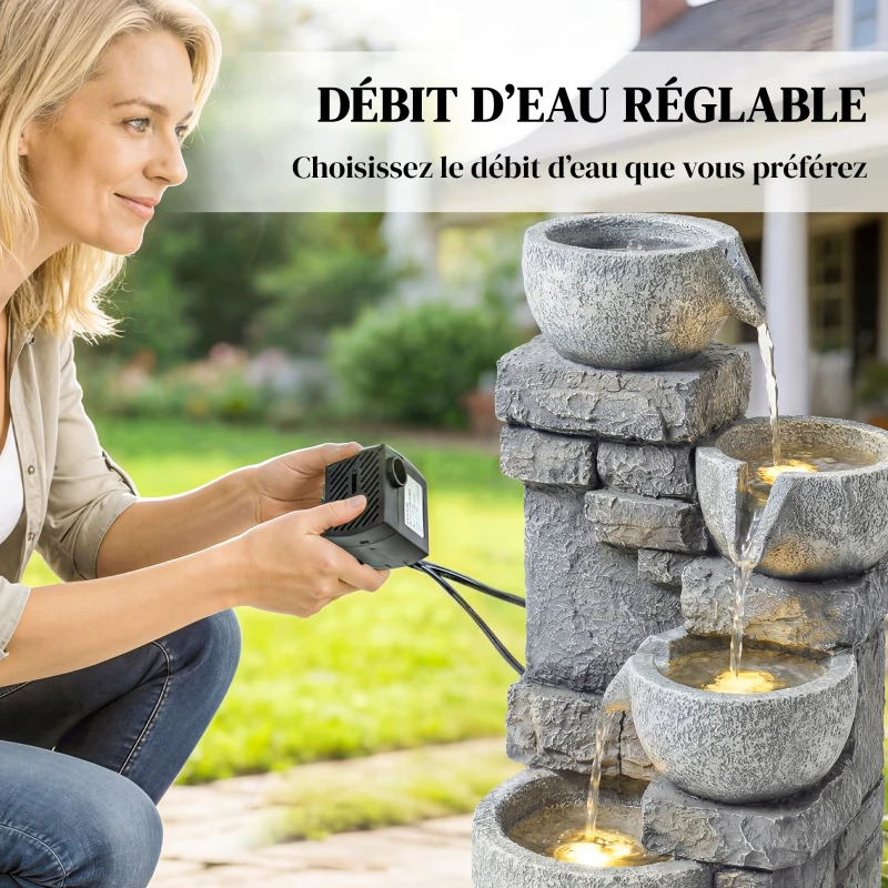 Outsunny Fontaine de Jardin Cascade 4 Niveaux Décoration Effet Pierre et Brique avec Éclairage LED 28 x 25 x 54,5 cm Gris