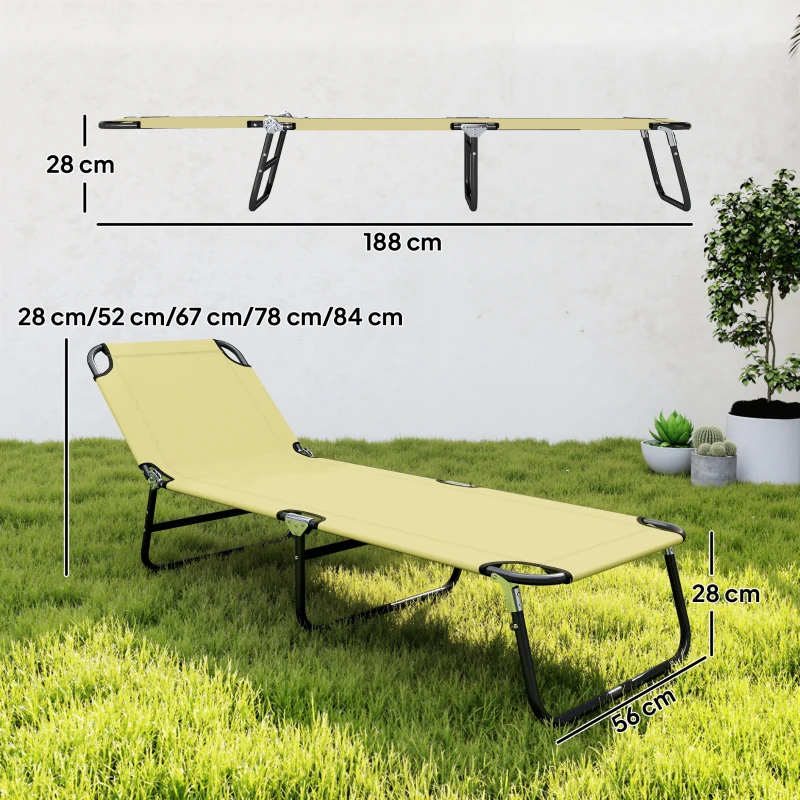 Outsunny Foldable Sun Lounger with 5-Position Adjustable Backrest, Outdoor Portable Recliner Chaise Lounge Chair with Oxford Fabric for Patio, Beach, Garden, Camping, Beige