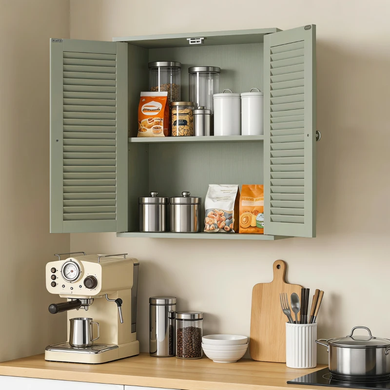 HOMCOM Bathroom Cabinet, Bathroom Wall Cabinet with Louvered Doors and Adjustable Shelf Storage for Kitchen, Light Green