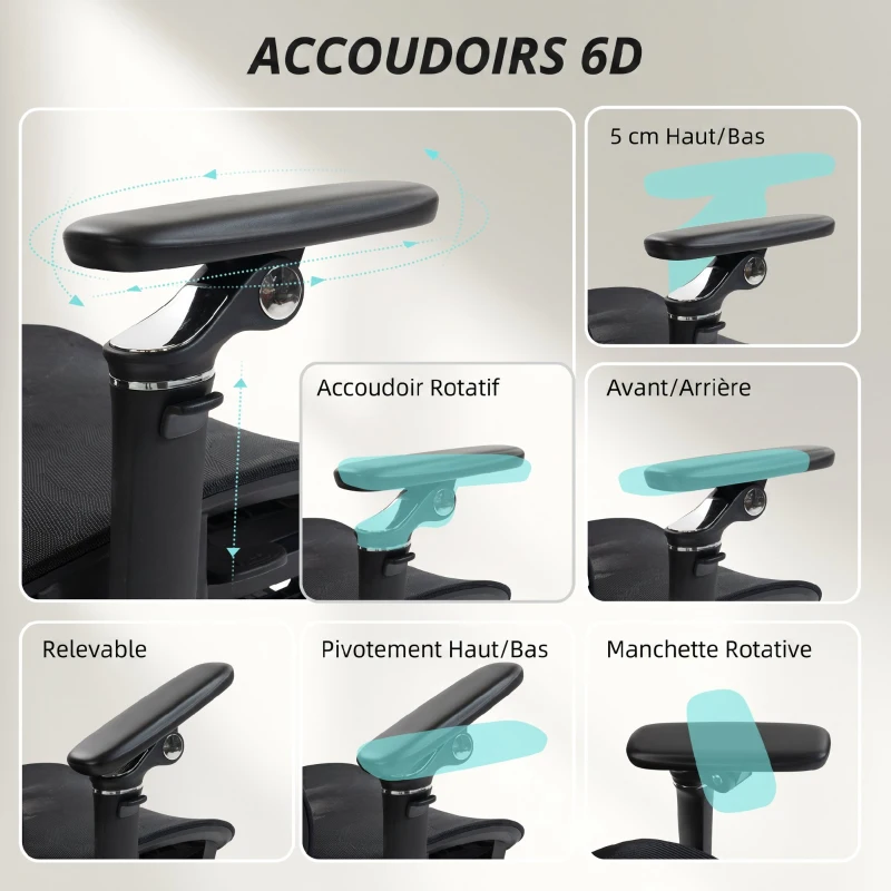 HOMCOM Chaise Bureau Ergonomique avec Accoudoirs 6D, Appui-Tête et Profondeur d'Assise Réglables, 67 x 71 x 133 cm, Noir