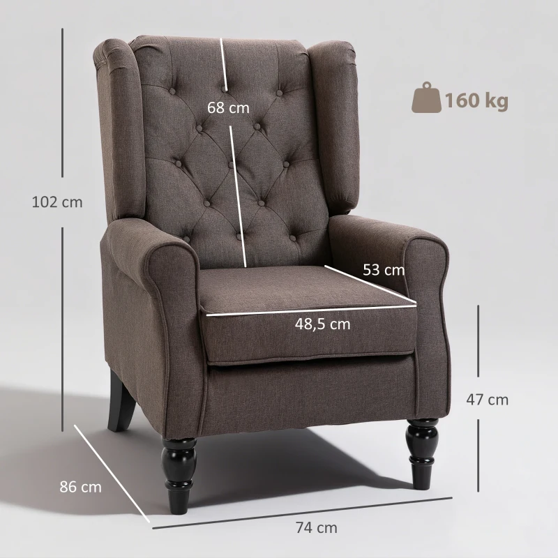 HOMCOM Fauteuil de salon capitonné avec assise large, pieds en bois, style classique, grand confort, 74 x 86 x 102 cm, marron